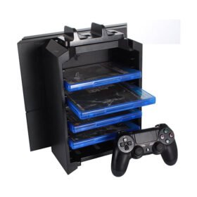 KONKY PS4 Game Storage Tower Controller Charger, Multifunctional Detachable Playstation 4 Console Vertical Stand & CD Game Disk Holder, Blue-Ray Films Storage & PS4 Dual USB Fast Charging Dock
